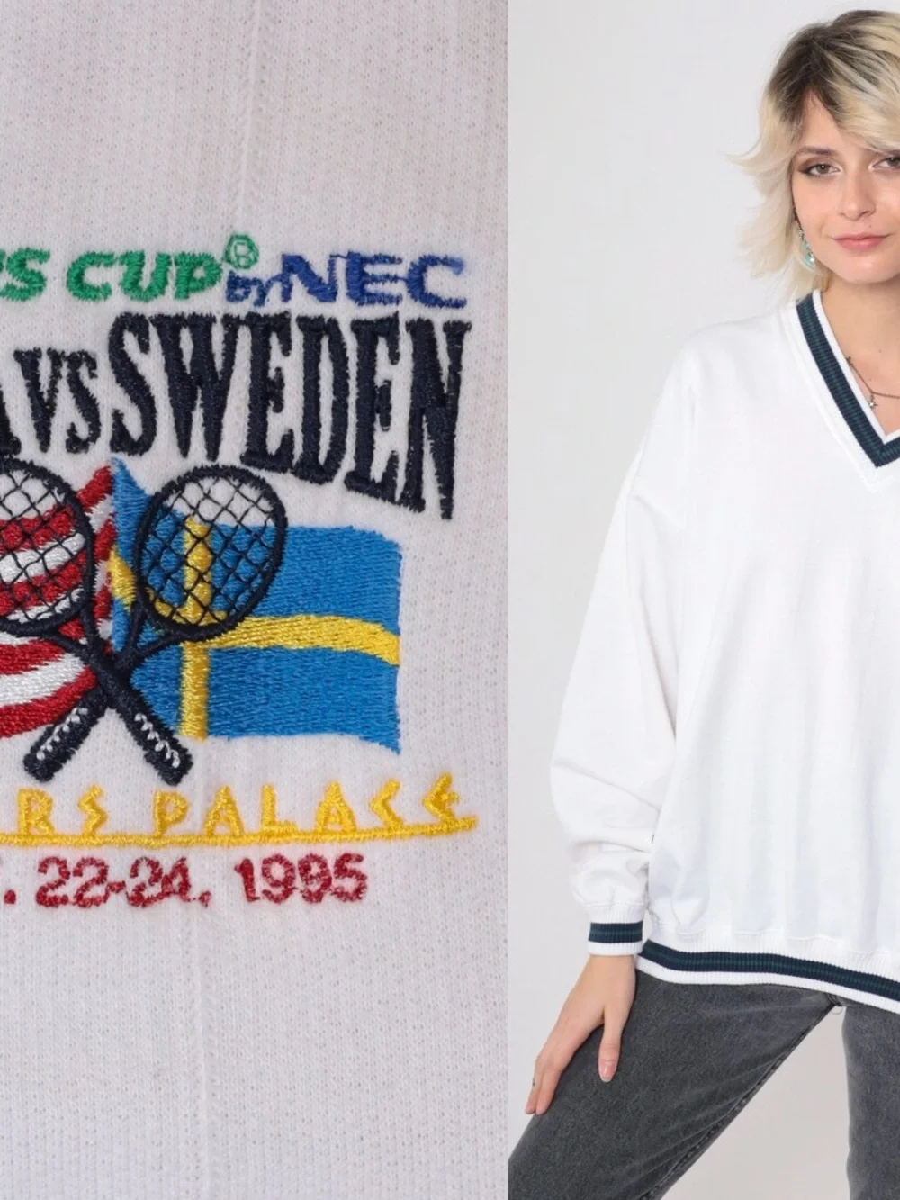 1995 Vintage Mens White V‑Neck Striped Trim Sweater - USA vs Sweden Graphic
